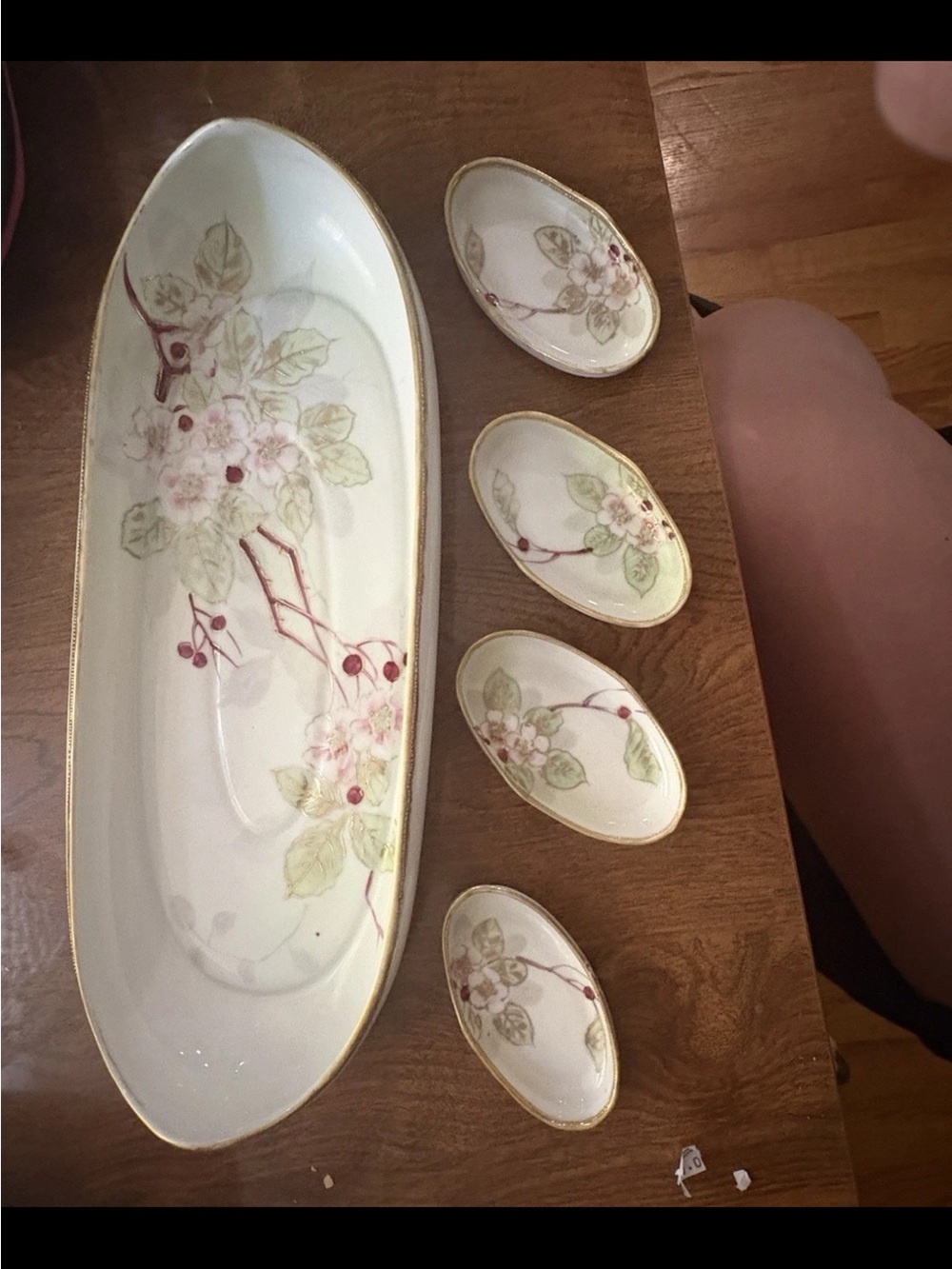 Floral Porcelain Serving Platter and Nut Dishes - White with Pink Floral Accents